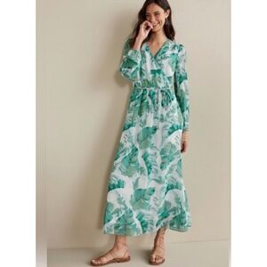 Soft Surroundings Kaia Green Tropical Palm Leaf Print Wrap Maxi Dress Size XL